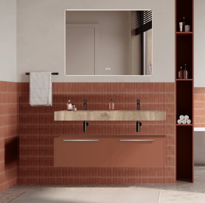 Set mobilier baie suspendat caramiziu, lavoar imitatie lemn si oglinda, manere din otel inoxidabil, 120 cm, SaviniDue Iconica