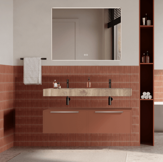Set mobilier baie suspendat caramiziu, lavoar imitatie lemn si oglinda, manere din otel inoxidabil, 120 cm, SaviniDue Iconica