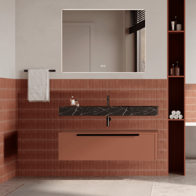 Set mobilier baie suspendat caramiziu, lavoar negru și oglinda, manere negre, 100 cm, SaviniDue Iconica
