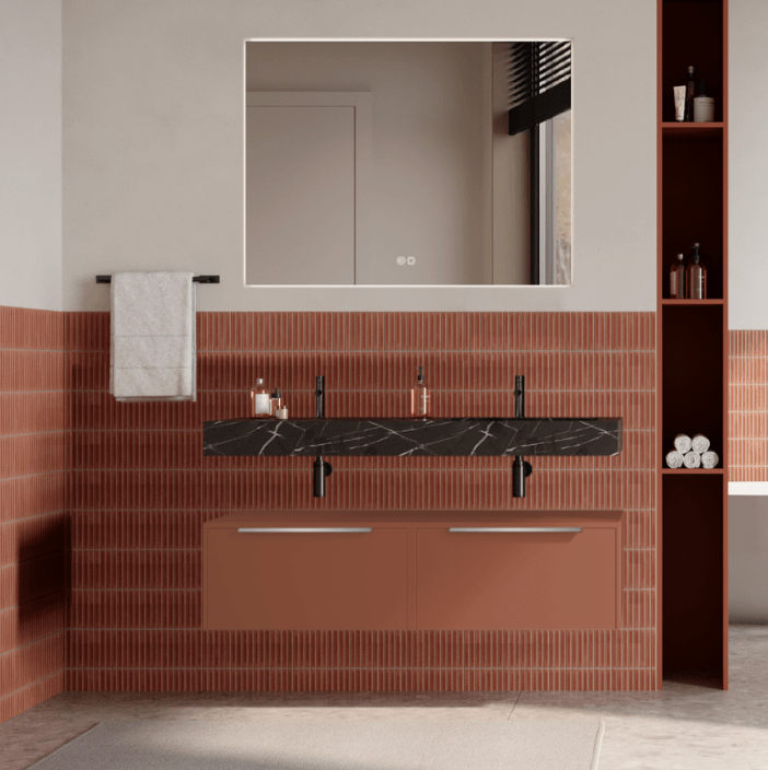 Set mobilier baie suspendat caramiziu, lavoar negru si oglinda, manere din otel inoxidabil, 120 cm, SaviniDue Iconica