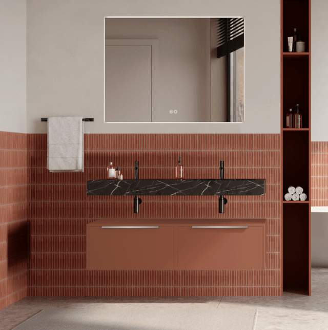 Set mobilier baie suspendat caramiziu, lavoar negru si oglinda, manere din otel inoxidabil, 120 cm, SaviniDue Iconica