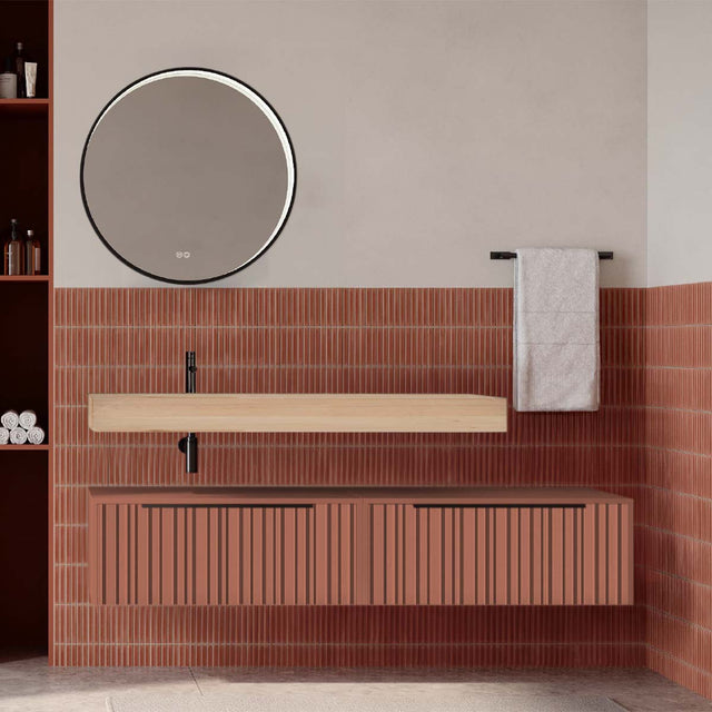 Set mobilier baie suspendat caramiziu mat cu lavoar imitație lemn și oglindă, cu riflaje Plissetatto, 160 cm, SaviniDue Iconica
