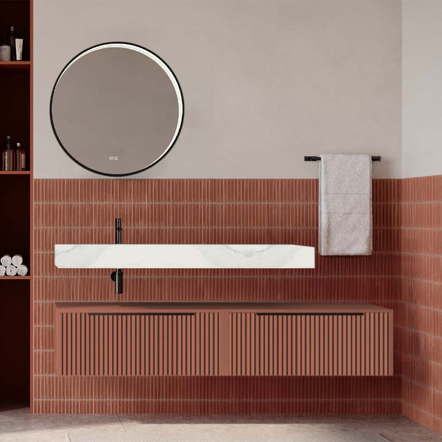 Set mobilier baie suspendat caramiziu mat cu lavoar imitație marmura alba și oglindă, cu riflaje cannetatto, 160 cm, SaviniDue Iconica