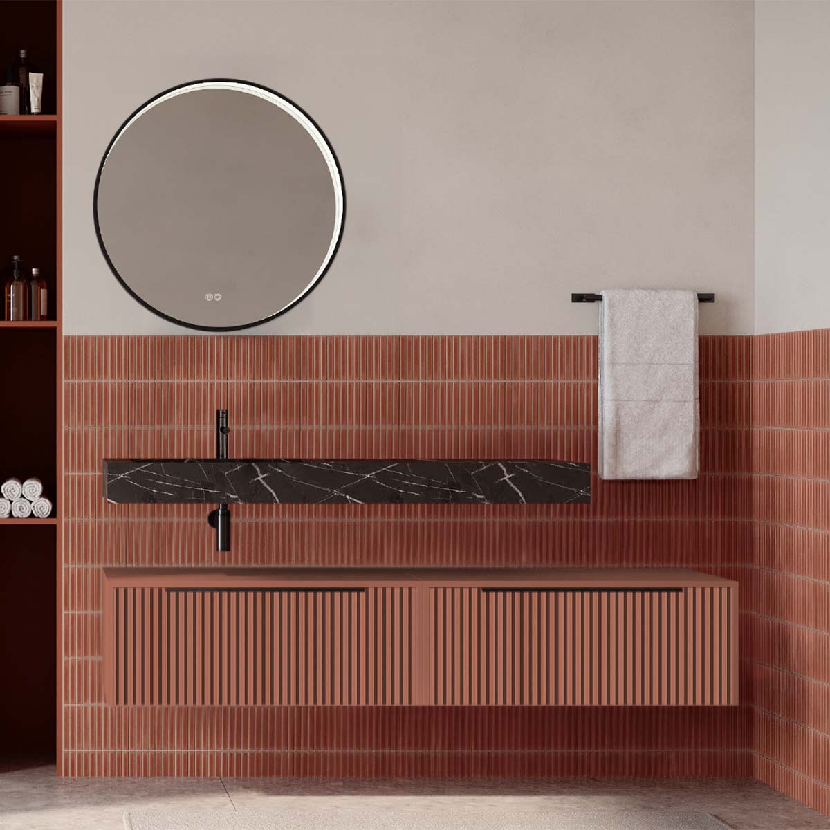Set mobilier baie suspendat caramiziu mat cu lavoar imitație marmura neagra și oglindă, cu riflaje cannetatto, 160 cm, SaviniDue Iconica