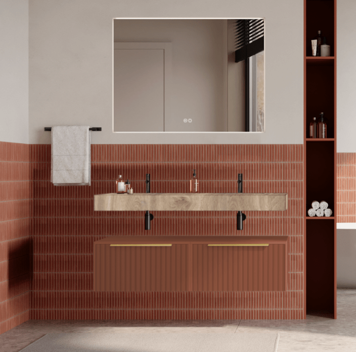 Set mobilier baie suspendat caramiziu, riflaje Cannetatto, lavoar imitatie lemn si oglinda, manere aurii, 120 cm, SaviniDue Iconica