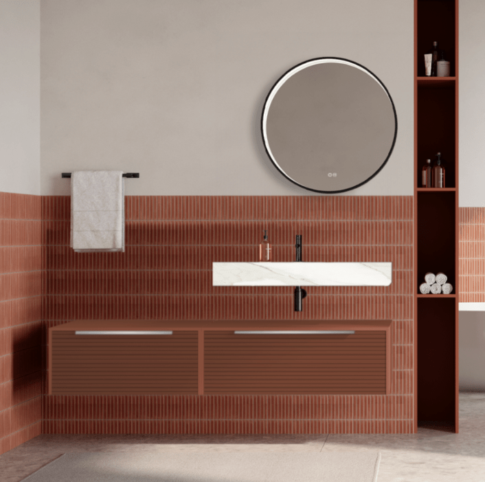 Set mobilier baie suspendat caramiziu, riflaje Dogato, lavoar alb si oglinda rotunda, manere otel inoxidabil, 140 cm, SaviniDue Iconica