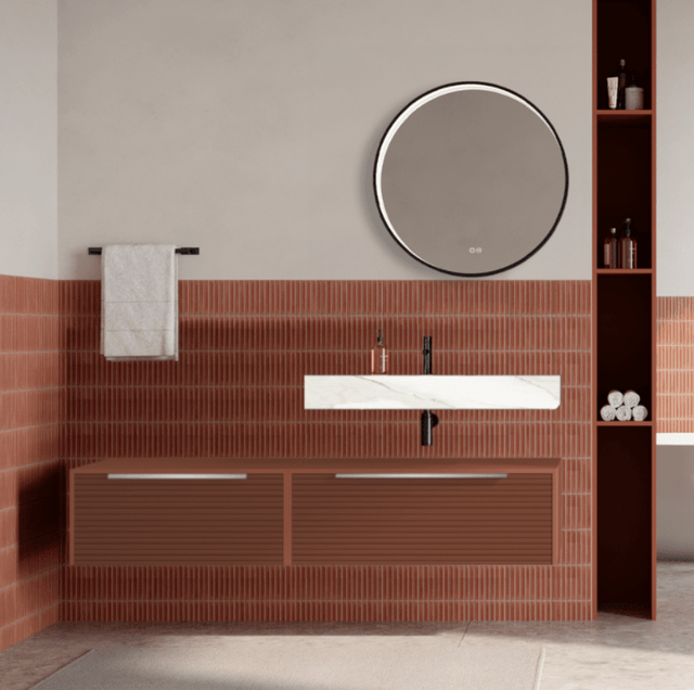 Set mobilier baie suspendat caramiziu, riflaje Dogato, lavoar alb si oglinda rotunda, manere otel inoxidabil, 140 cm, SaviniDue Iconica