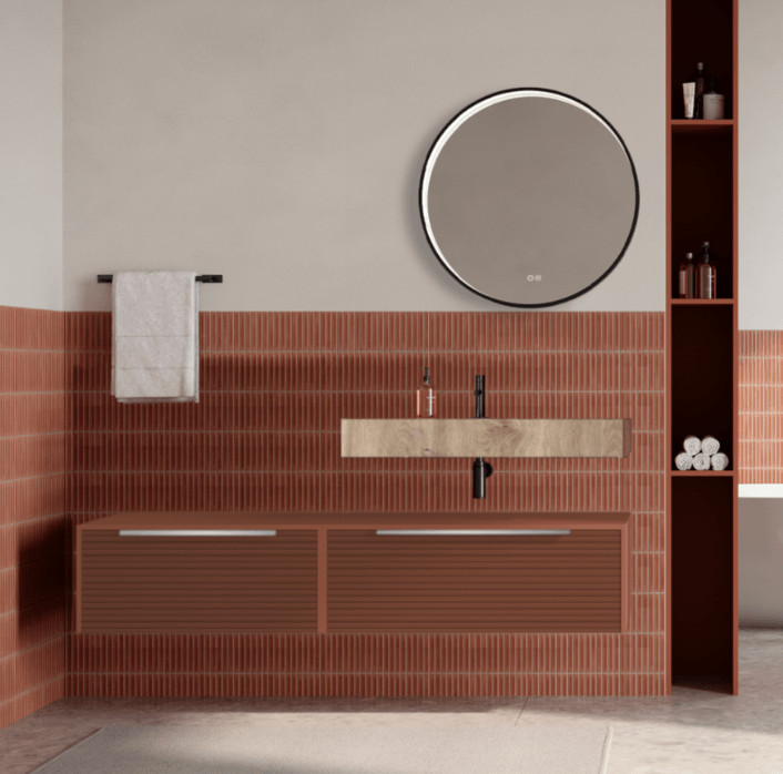 Set mobilier baie suspendat caramiziu, riflaje Dogato, lavoar imitatie lemn si oglinda rotunda, manere otel inoxidabil, 140 cm, SaviniDue Iconica