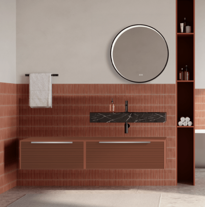 Set mobilier baie suspendat caramiziu, riflaje Dogato, lavoar negru si oglinda rotunda, manere otel inoxidabil, 140 cm, SaviniDue Iconica