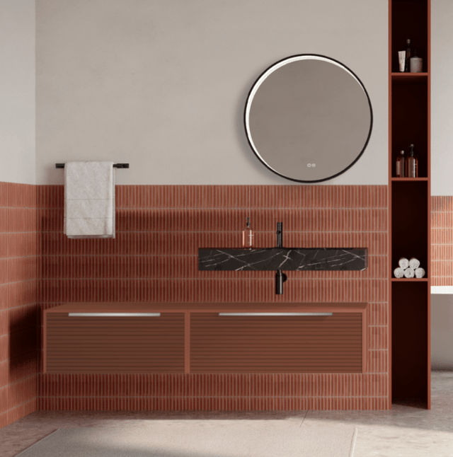 Set mobilier baie suspendat caramiziu, riflaje Dogato, lavoar negru si oglinda rotunda, manere otel inoxidabil, 140 cm, SaviniDue Iconica