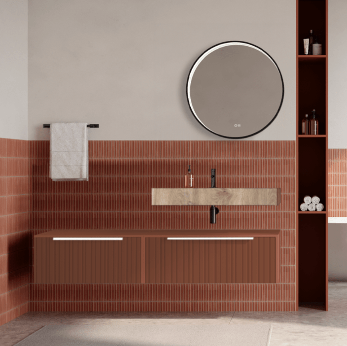 Set mobilier baie suspendat caramiziu, riflaje Plissetatto, lavoar imitatie lemn si oglinda rotunda, manere albe, 140 cm, SaviniDue Iconica