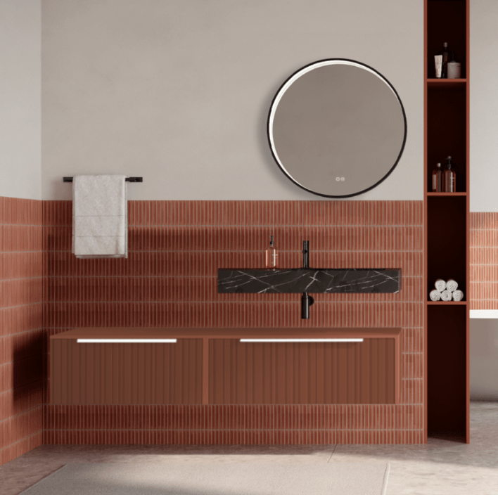 Set mobilier baie suspendat caramiziu, riflaje Plissetatto, lavoar negru si oglinda rotunda, manere albe, 140 cm, SaviniDue Iconica