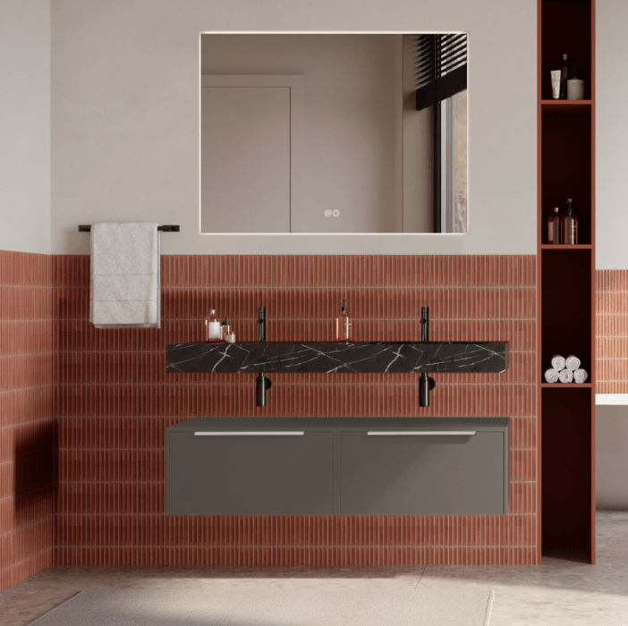 Set mobilier baie suspendat gri cenusiu, lavoar negru si oglinda, manere crom, 120 cm, SaviniDue Iconica
