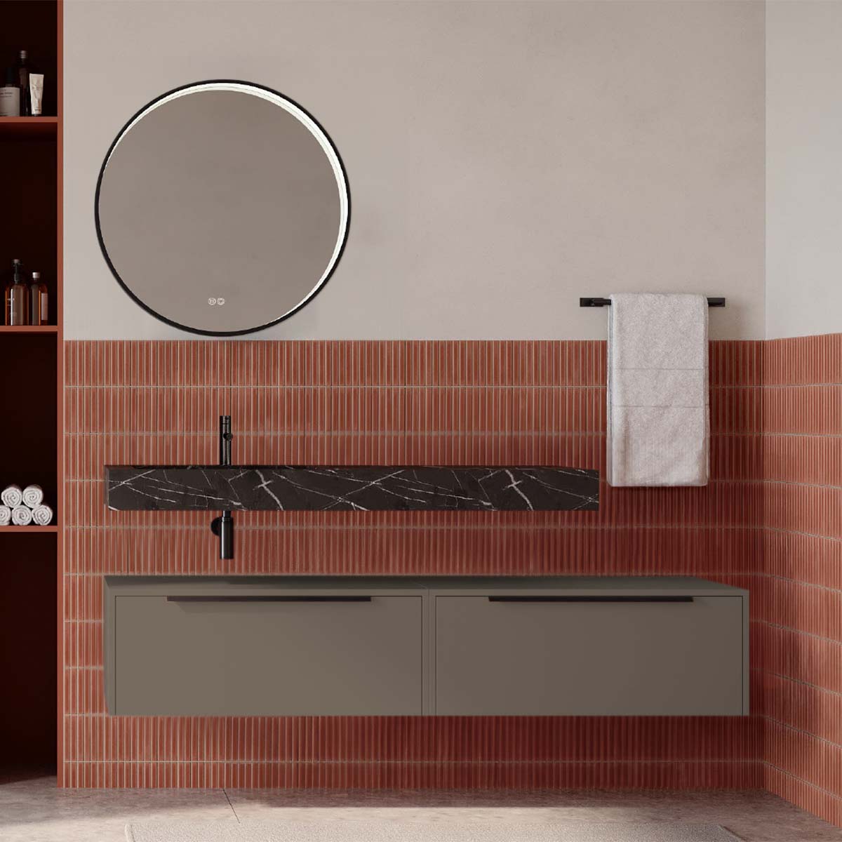 Set mobilier baie suspendat gri cenusiu mat cu lavoar imitație marmura neagra și oglindă, 160 cm, SaviniDue Iconica