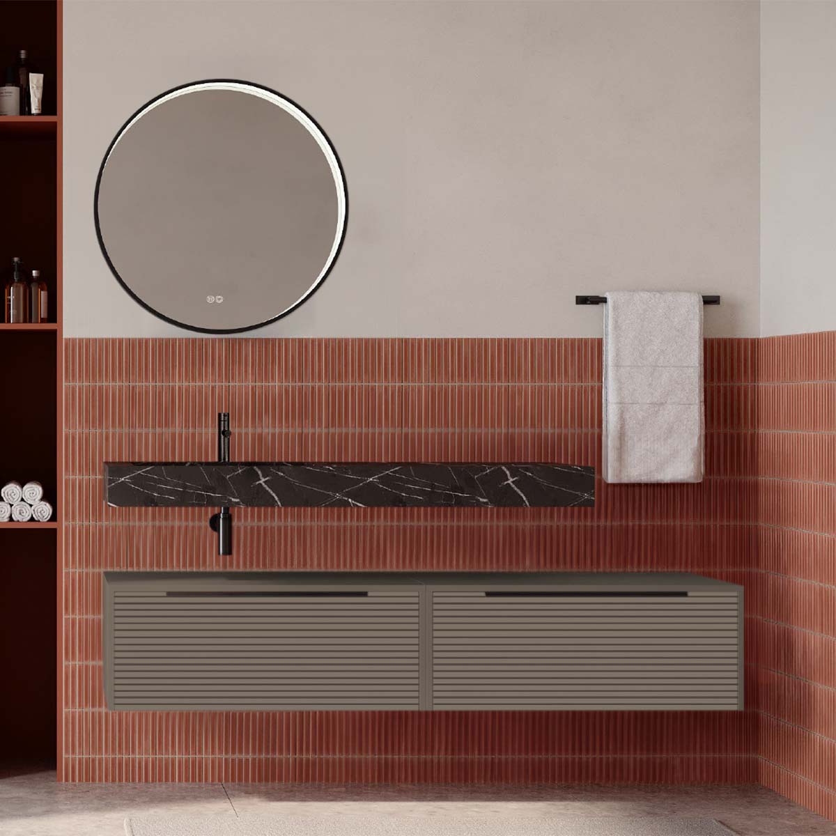 Set mobilier baie suspendat gri cenusiu mat cu lavoar imitație marmura neagra și oglindă, cu riflaje Dogato, 160 cm, SaviniDue Iconica