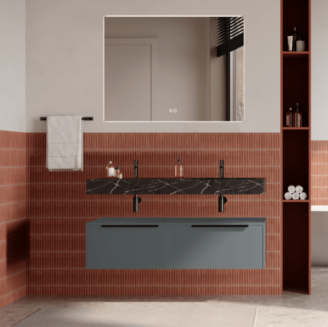 Set mobilier baie suspendat gri, lavoar negru si oglinda, manere negre, 120 cm, SaviniDue Iconica