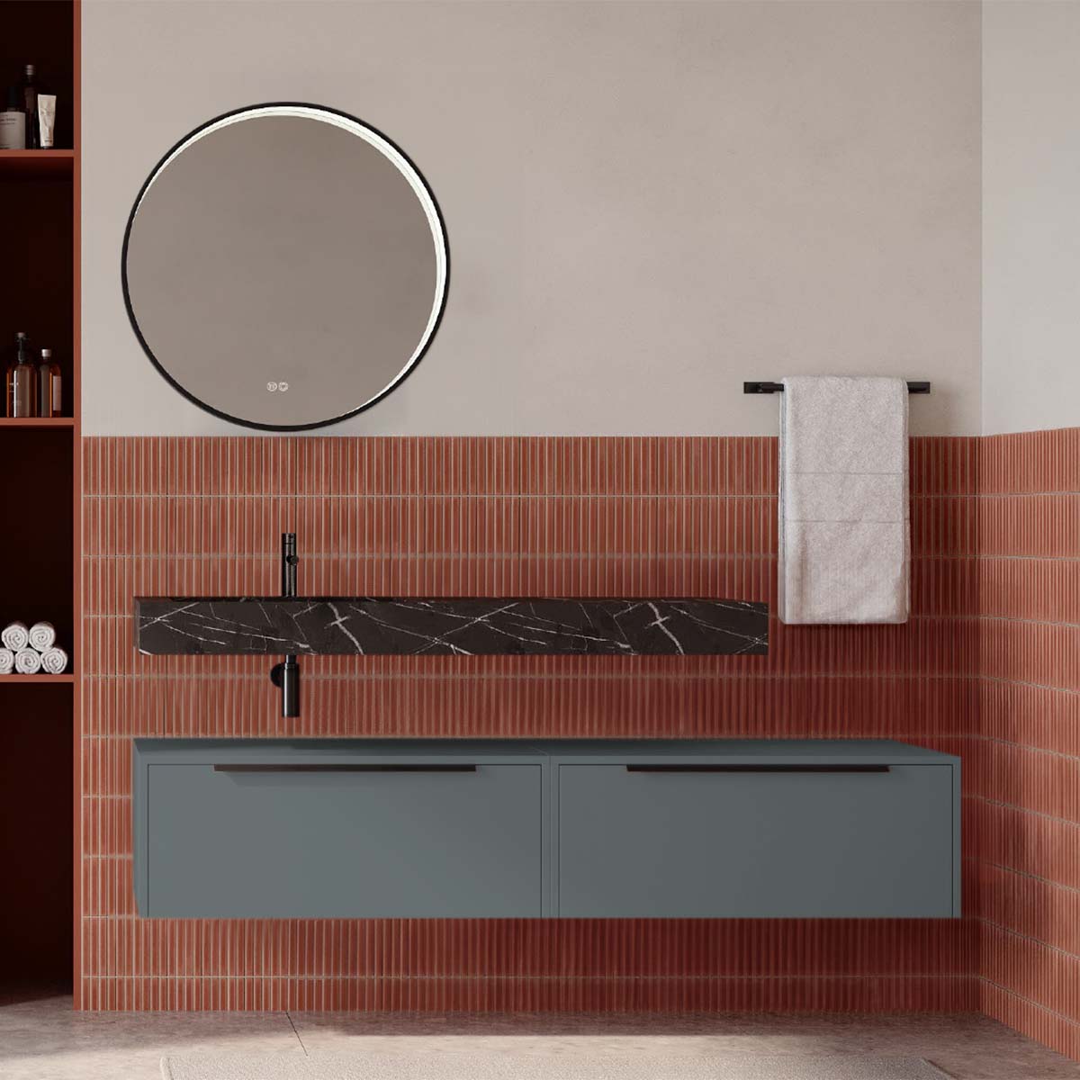 Set mobilier baie suspendat gri mat cu lavoar imitație marmura neagra și oglindă, 160 cm, SaviniDue Iconica
