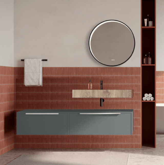 Set mobilier baie suspendat gri mat, lavoar imitatie lemn si oglinda rotunda, manere crom, 140 cm, SaviniDue Iconica
