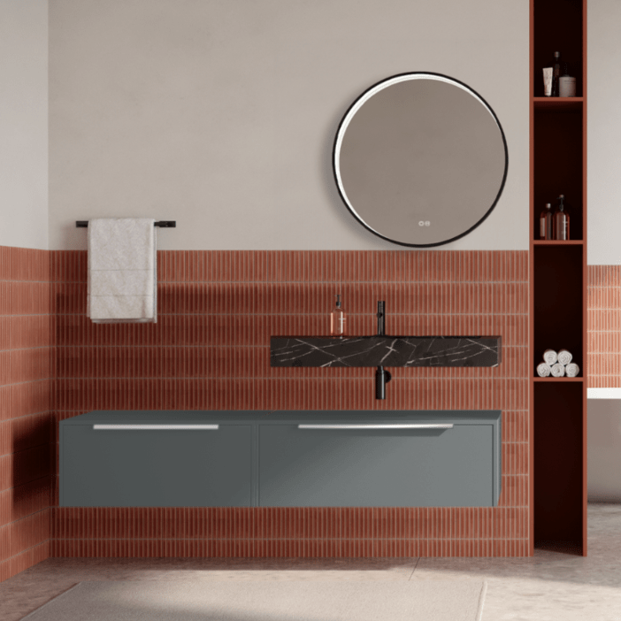 Set mobilier baie suspendat gri mat, lavoar negru si oglinda rotunda, manere crom, 140 cm, SaviniDue Iconica