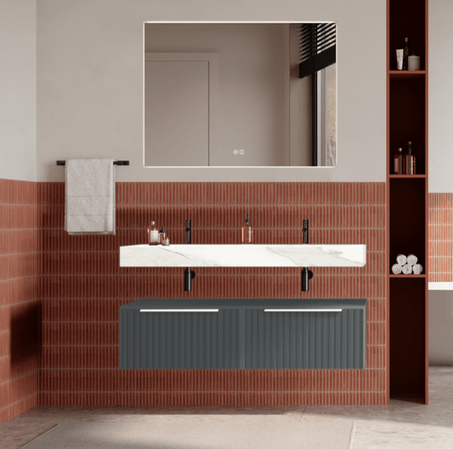 Set mobilier baie suspendat gri, riflaje Cannetatto, lavoar alb si oglinda, manere albe, 120 cm, SaviniDue Iconica