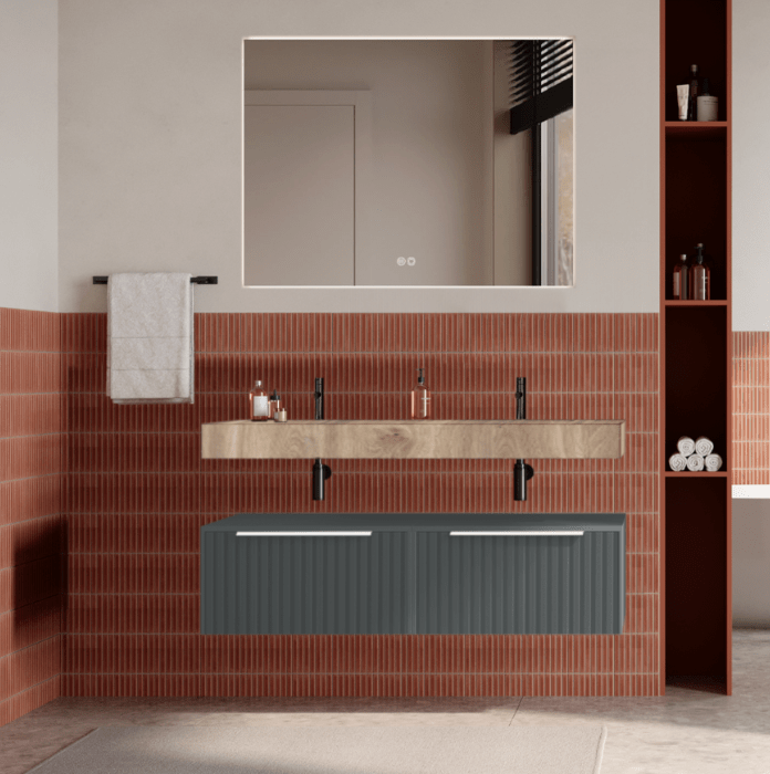 Set mobilier baie suspendat gri, riflaje Cannetatto, lavoar imitatie lemn si oglinda, manere albe, 120 cm, SaviniDue Iconica