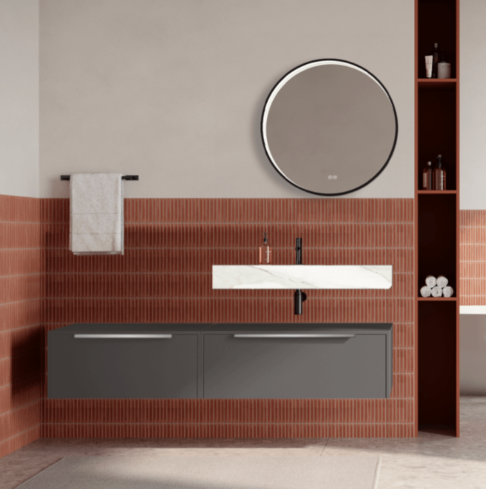 Set mobilier baie suspendat gri urban, lavoar alb si oglinda rotunda, manere otel inoxidabil, 140 cm, SaviniDue Iconica