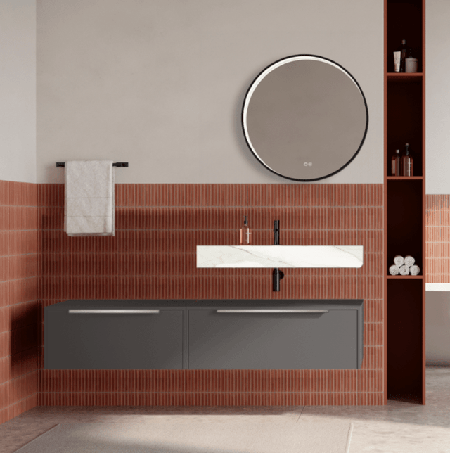 Set mobilier baie suspendat gri urban, lavoar alb si oglinda rotunda, manere otel inoxidabil, 140 cm, SaviniDue Iconica