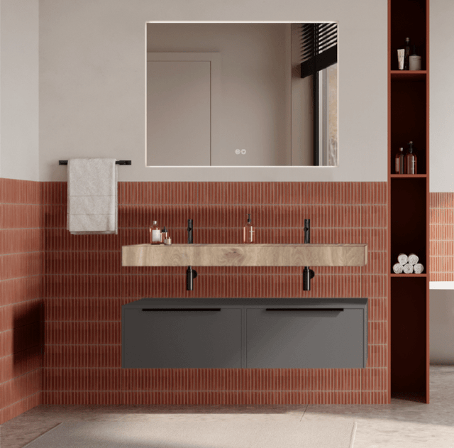Set mobilier baie suspendat gri urban, lavoar imitatie lemn si oglinda, manere negre, 120 cm, SaviniDue Iconica