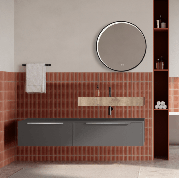Set mobilier baie suspendat gri urban, lavoar imitatie lemn si oglinda rotunda, manere otel inoxidabil, 140 cm, SaviniDue Iconica