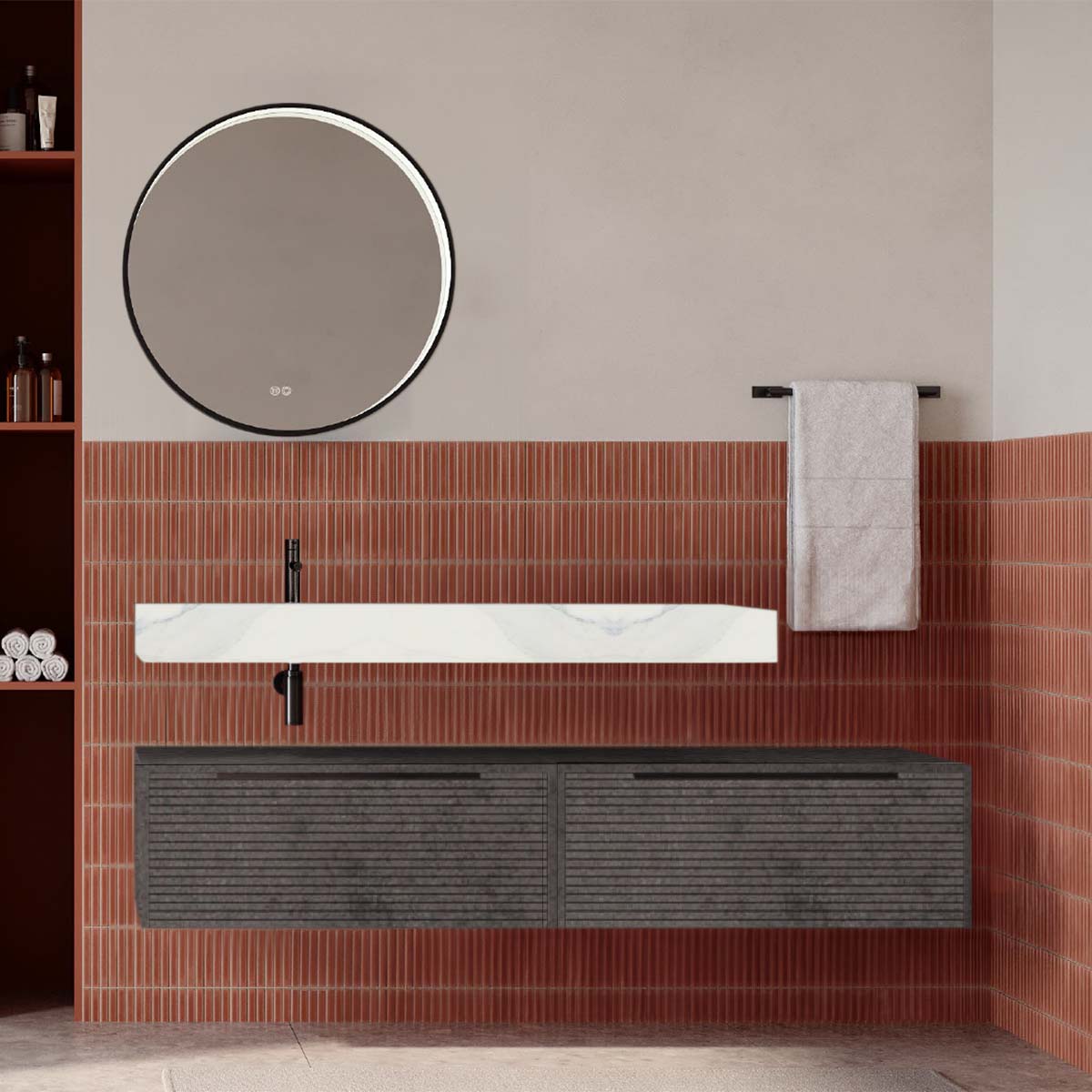 Set mobilier baie suspendat gri urban mat cu lavoar imitație marmura alba și oglindă, cu riflaje Dogato, 160 cm, SaviniDue Iconica