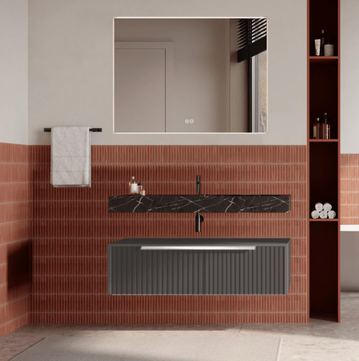 Set mobilier baie suspendat gri urban, riflaje Cannetatto, lavoar negru și oglinda, manere crom, 100 cm, SaviniDue Iconica