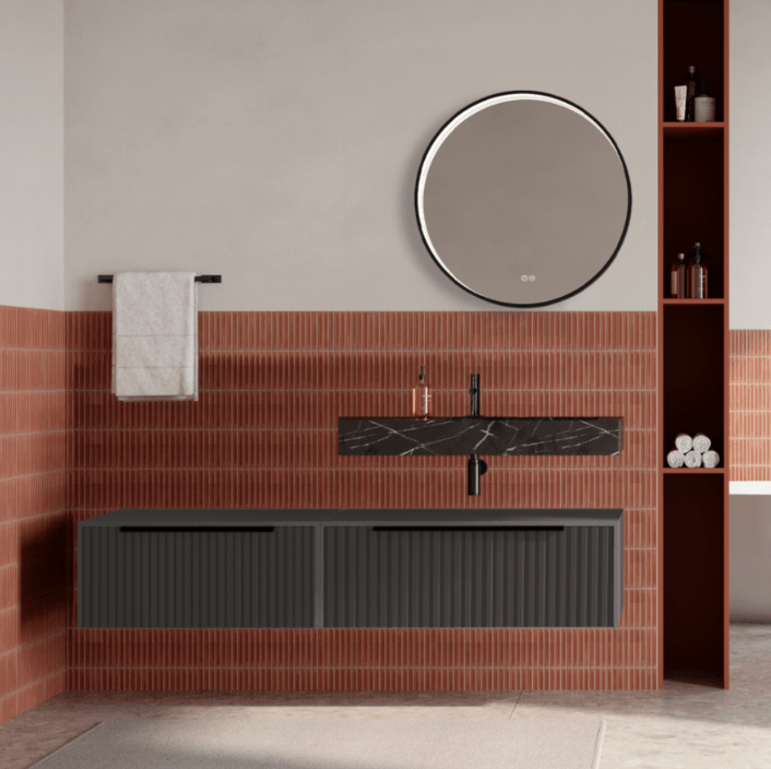 Set mobilier baie suspendat gri urban, riflaje Cannetatto, lavoar negru si oglinda rotunda, manere negre, 140 cm, SaviniDue Iconica