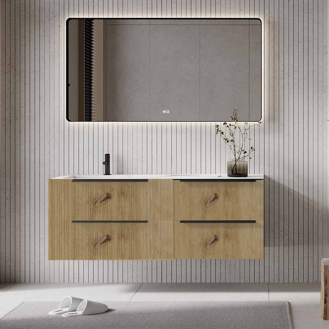Set mobilier baie suspendat imitatie lemn deschis, lavoar imitație marmura alba și oglindă, cu riflaje Plissetatto, 140 cm, SaviniDue Iconica