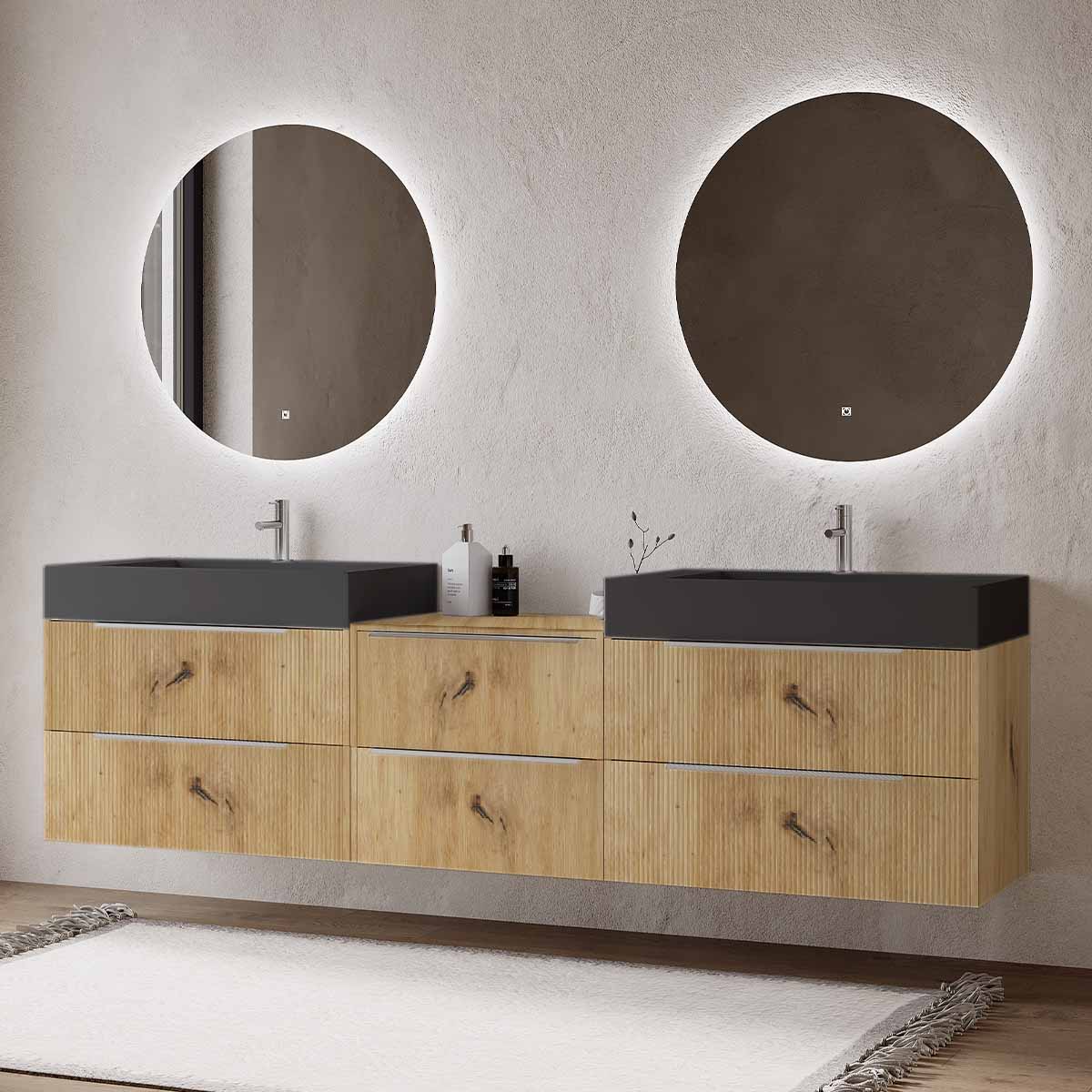 Set mobilier baie suspendat imitatie lemn, lavoar dublu negru mat pe blat și 2 oglinzi, cu riflaje Cannetatto, 220 cm, SaviniDue Iconica