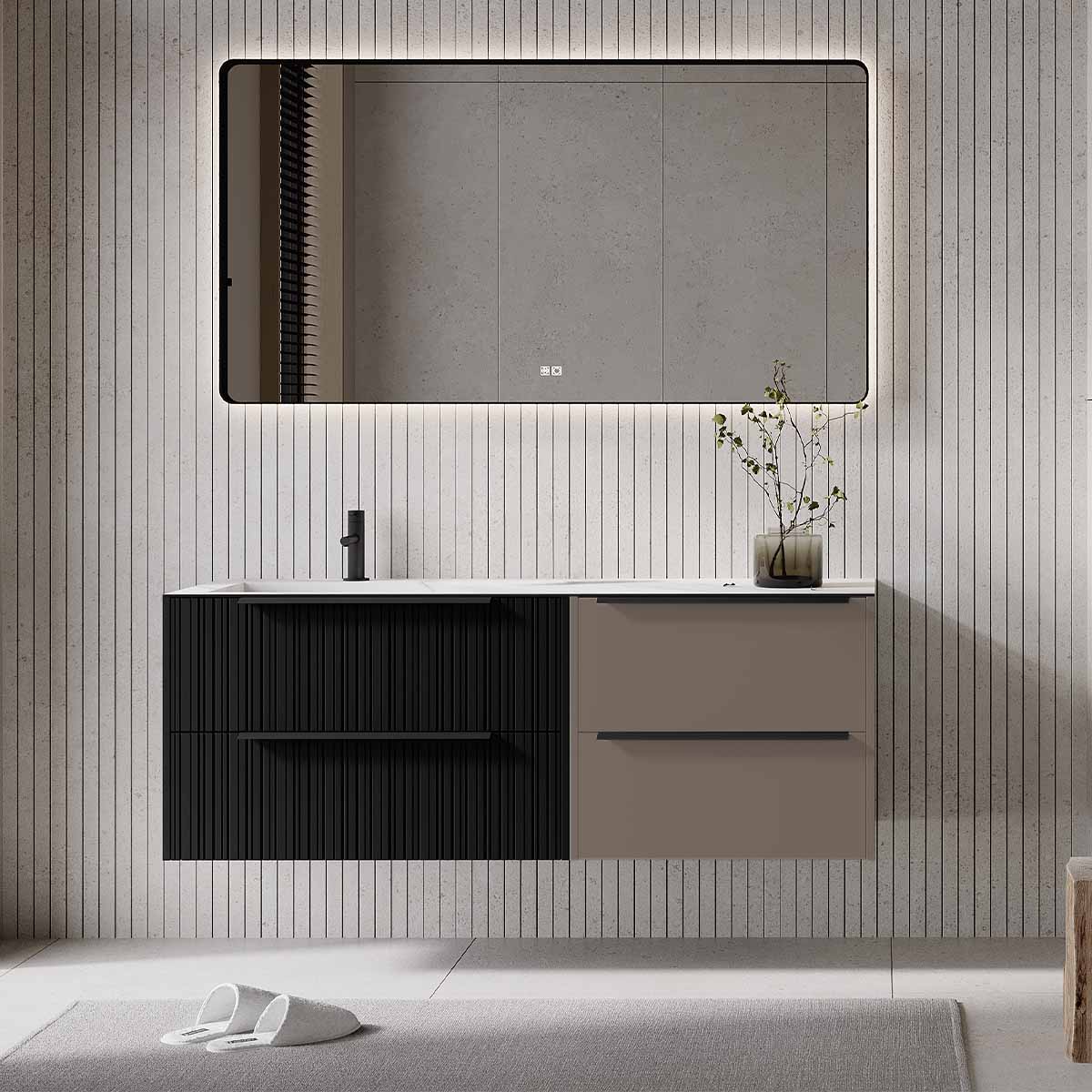 Set mobilier baie suspendat negru mat cu gri cenusiu mat, lavoar imitație marmura alba și oglindă, cu riflaje Plissetatto, 140 cm, SaviniDue Iconica
