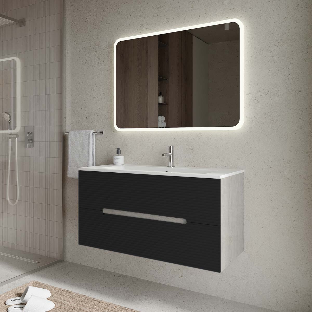 Set mobilier baie suspendat negru mat cu imitatie lemn, lavoar alb și oglindă, 100 cm, cu riflaj Dogato SaviniDue Iris