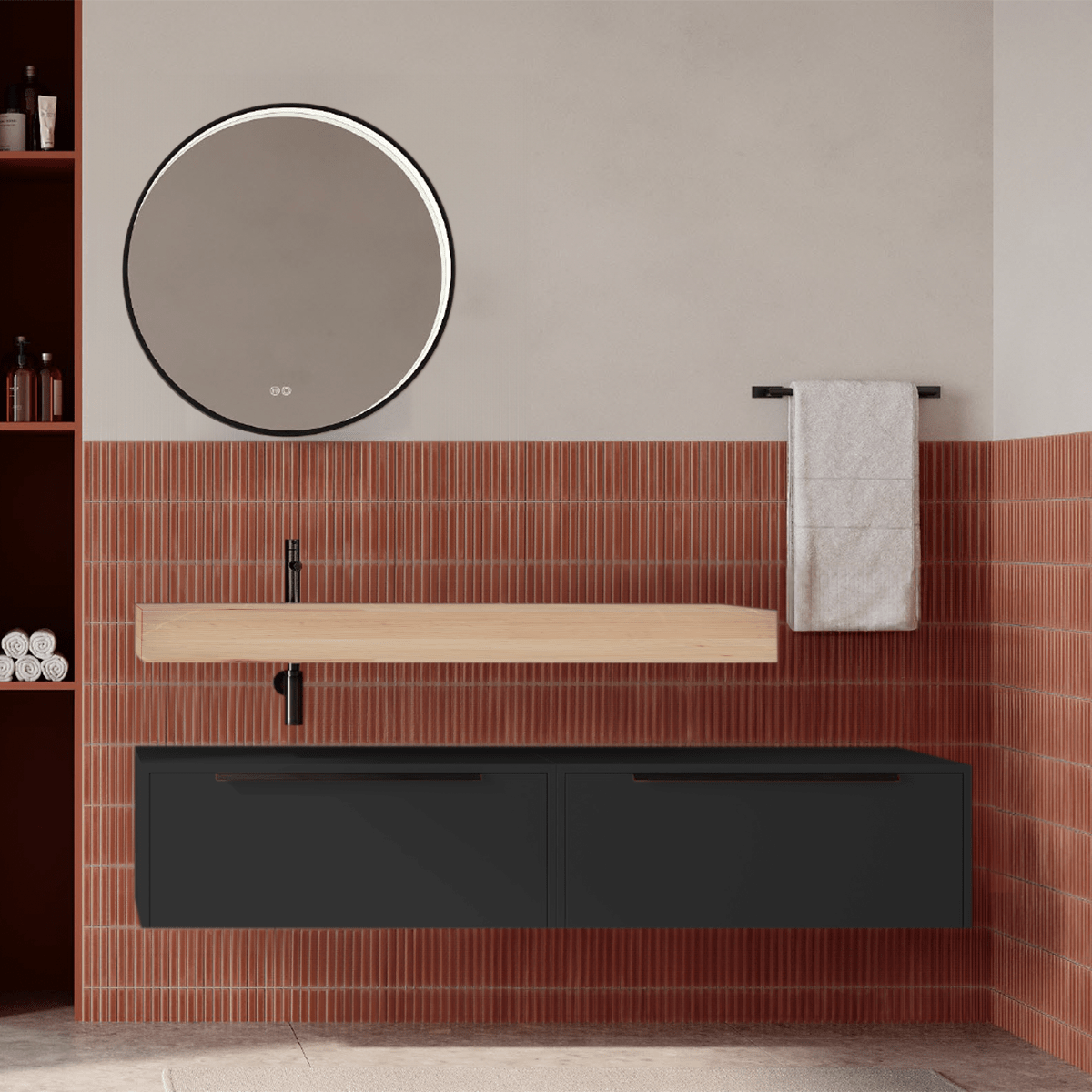 Set mobilier baie suspendat negru mat cu lavoar imitație lemn și oglindă, 160 cm, SaviniDue Iconica