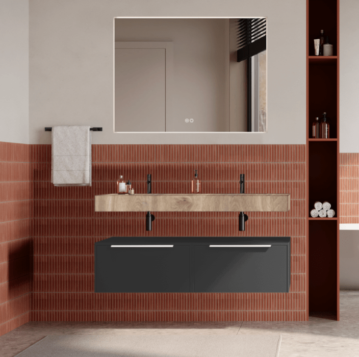Set mobilier baie suspendat negru mat, lavoar imitatie lemn si oglinda, manere albe, 120 cm, SaviniDue Iconic