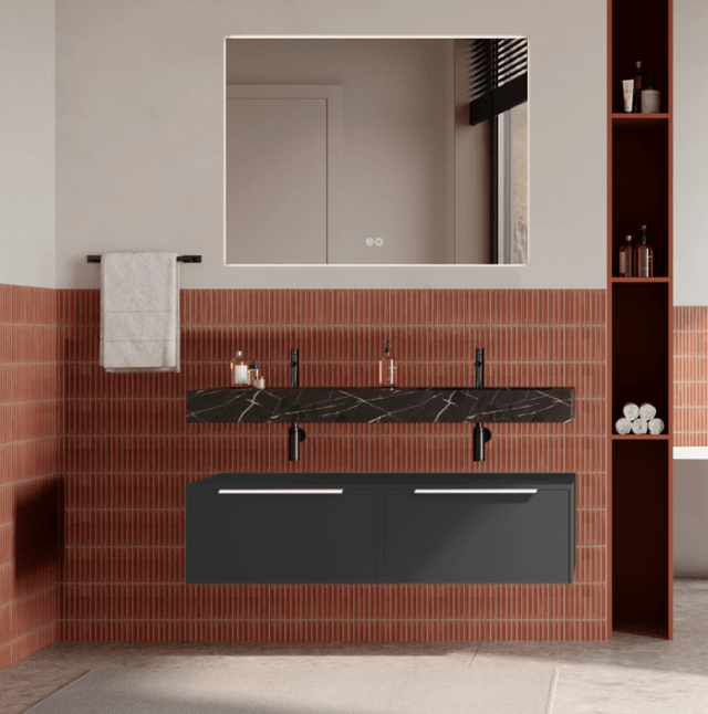 Set mobilier baie suspendat negru mat, lavoar negru si oglinda, manere albe, 120 cm, SaviniDue Iconica