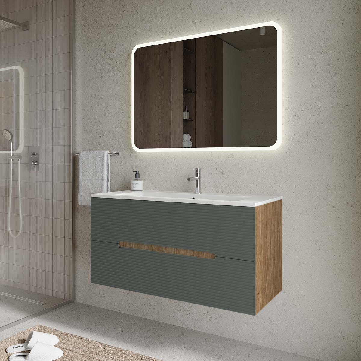 Set mobilier baie suspendat verde italia cu imitatie lemn, lavoar alb și oglindă, 100 cm, cu riflaj Dogato SaviniDue Iris