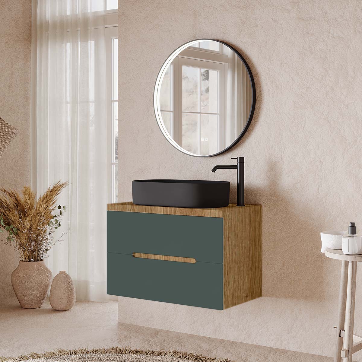 Set mobilier baie suspendat verde italia cu imitatie lemn natur, lavoar negru pe blat și oglindă, 80 cm, SaviniDue Iris