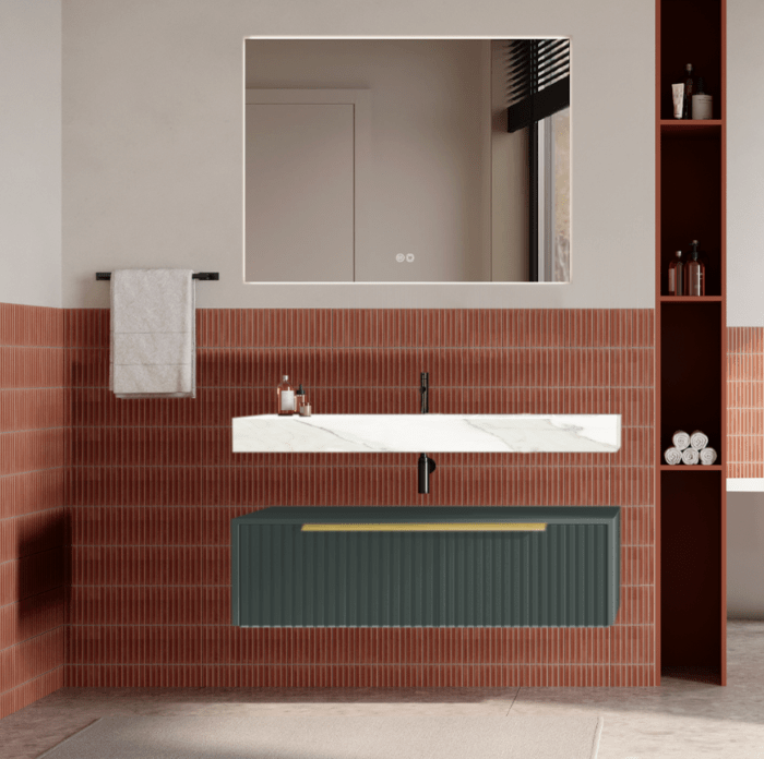 Set mobilier baie suspendat verde italia, cu riflaje Cannetatto, lavoar alb și oglinda, manere aurii, 100 cm, SaviniDue Iconica