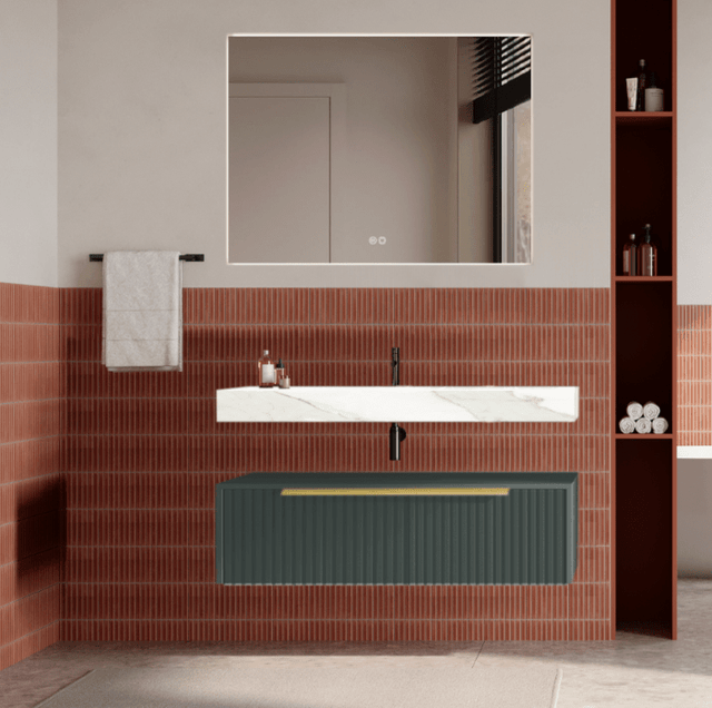 Set mobilier baie suspendat verde italia, cu riflaje Cannetatto, lavoar alb și oglinda, manere aurii, 100 cm, SaviniDue Iconica