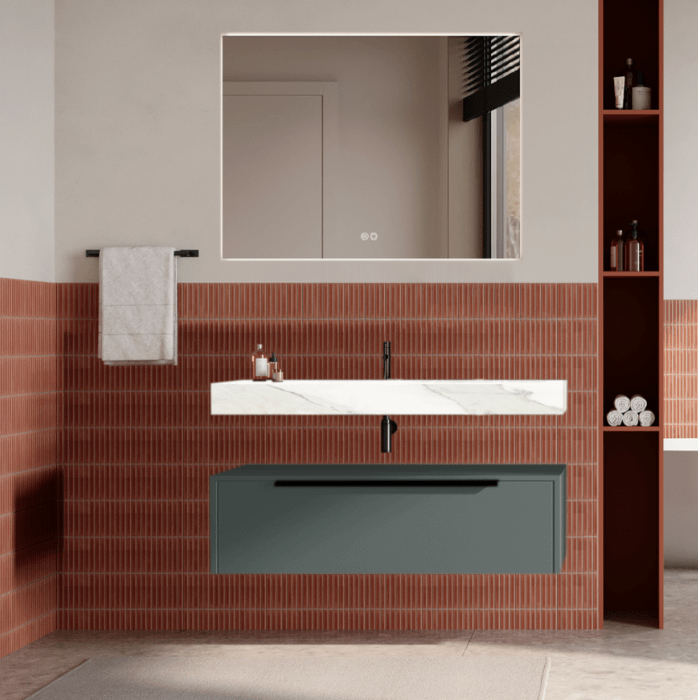 Set mobilier baie suspendat, verde italia, lavoar alb și oglinda, manere negre, 100 cm, SaviniDue Iconica