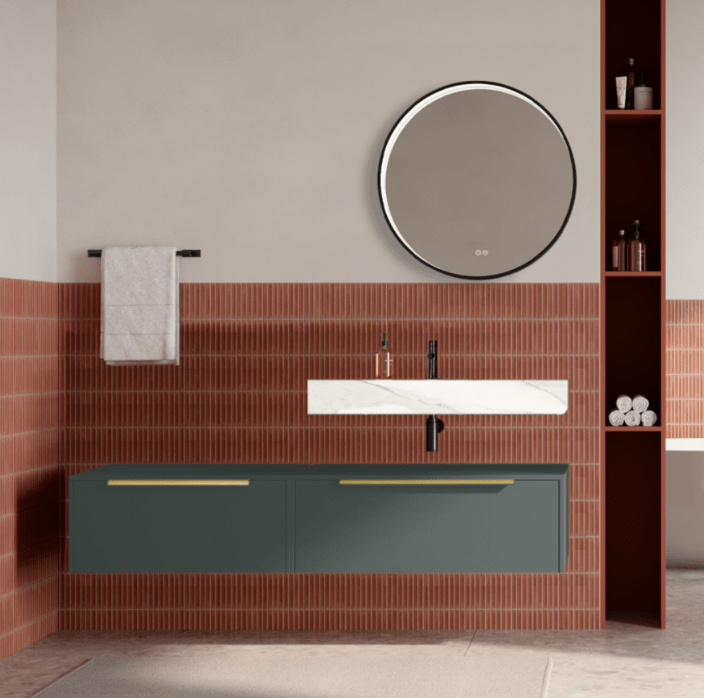 Set mobilier baie suspendat verde italia, lavoar alb si oglinda rotunda, manere aurii, 140 cm, SaviniDue Iconica