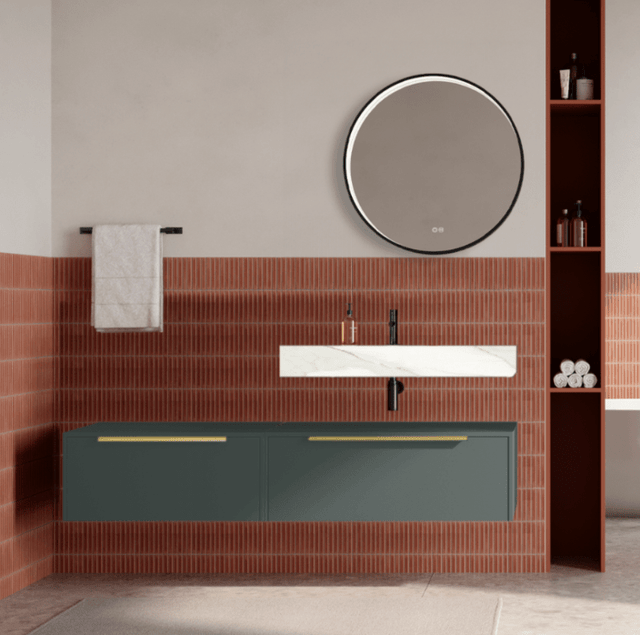 Set mobilier baie suspendat verde italia, lavoar alb si oglinda rotunda, manere aurii, 140 cm, SaviniDue Iconica