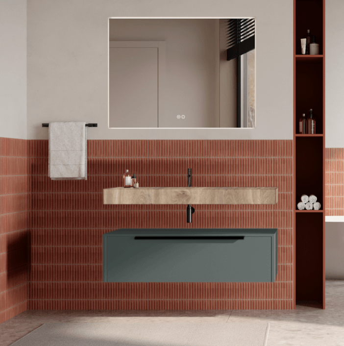 Set mobilier baie suspendat verde italia, lavoar imitatie lemn și oglinda, manere negre, 100 cm, SaviniDue Iconica