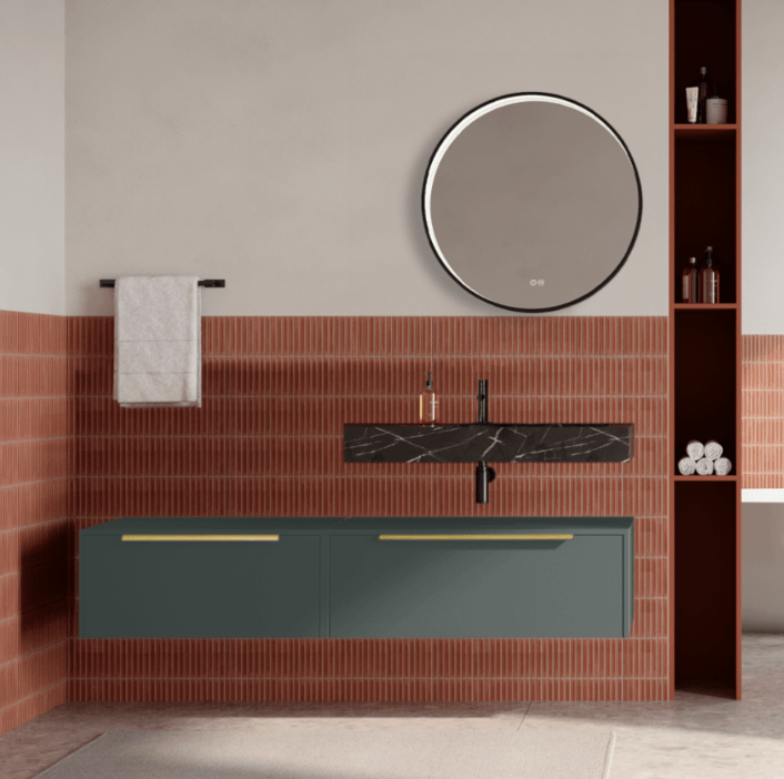 Set mobilier baie suspendat verde italia, lavoar negru si oglinda rotunda, manere aurii, 140 cm, SaviniDue Iconica