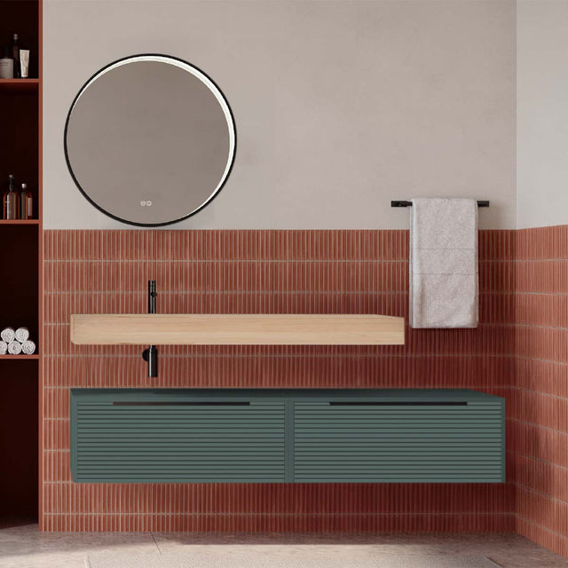 Set mobilier baie suspendat verde italia mat cu lavoar imitație lemn și oglindă, cu riflaje Dogato, 160 cm, SaviniDue Iconica