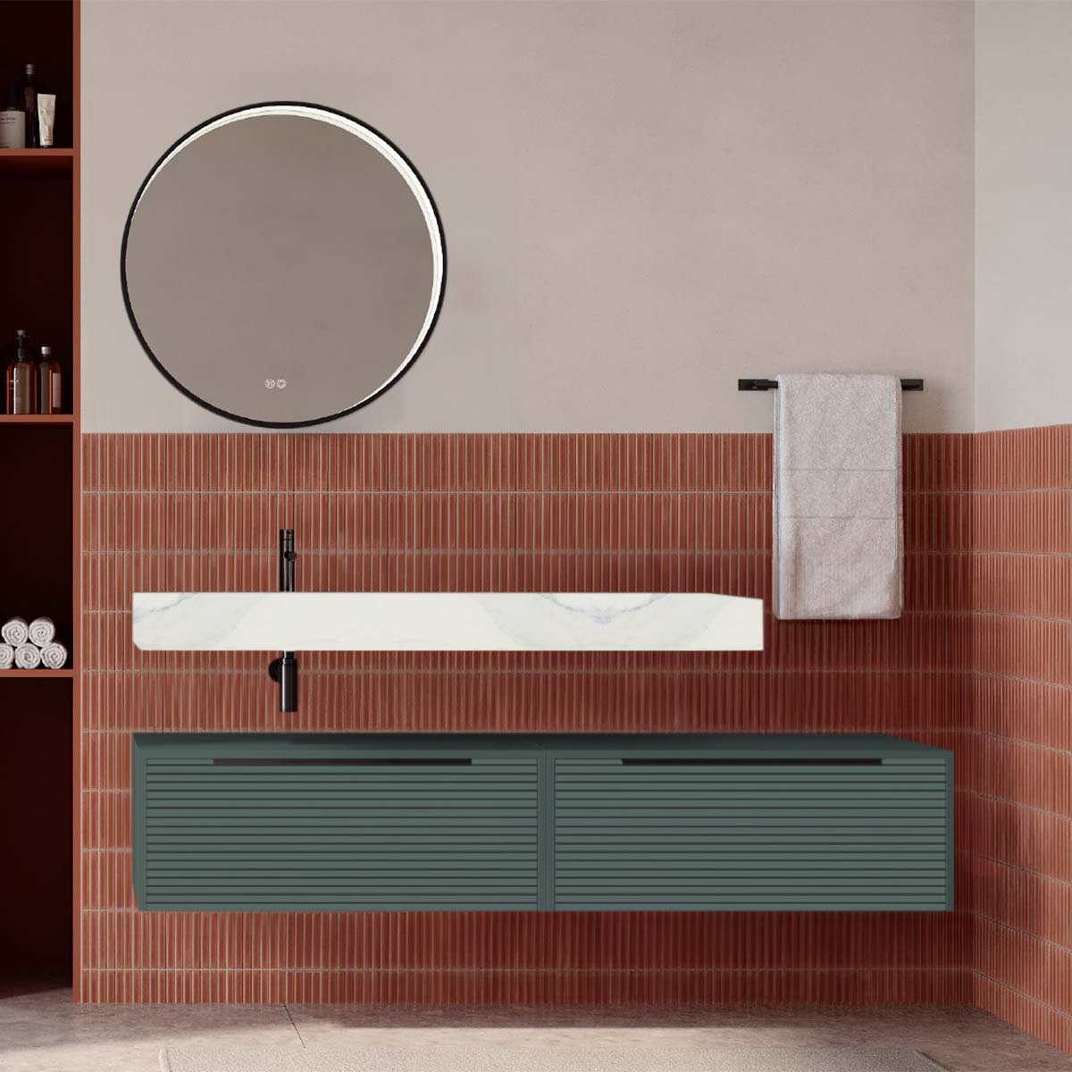 Set mobilier baie suspendat verde italia mat cu lavoar imitație marmura alba și oglindă, cu riflaje Dogato, 160 cm, SaviniDue Iconica